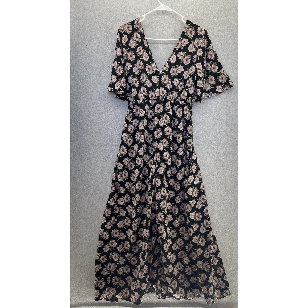 Japna Women's Hi Lo Romper Maxi Dress Black Floral Short Sleeve Small V Neck